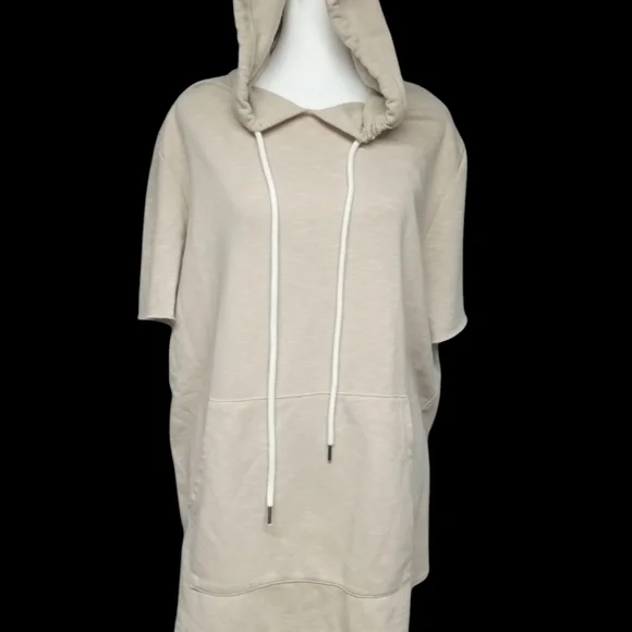 Beige Pullover  Hooded Short Sleeve Tunic - Picture 2 of 4